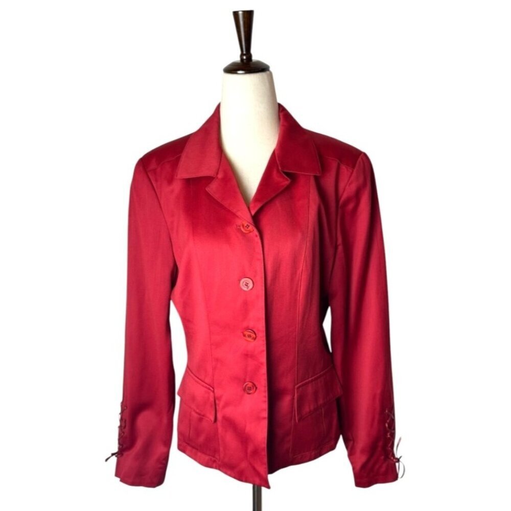 Oscar De La‎ Renta Vintage Y2K Blazer Women 8 Red Wool Blend Leather Trim Luxury
